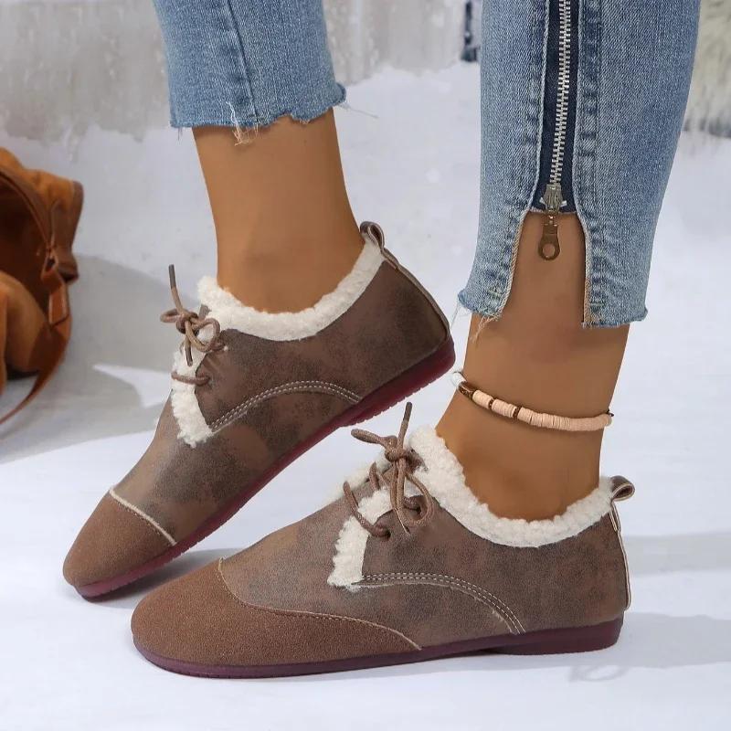 Fashion Winter Lace Up Women's Flats 2025 Casual Warm Moccasin Shoes Women Cow Suede Patchwork Round Toe Short Plush Ladies Flat Shoes