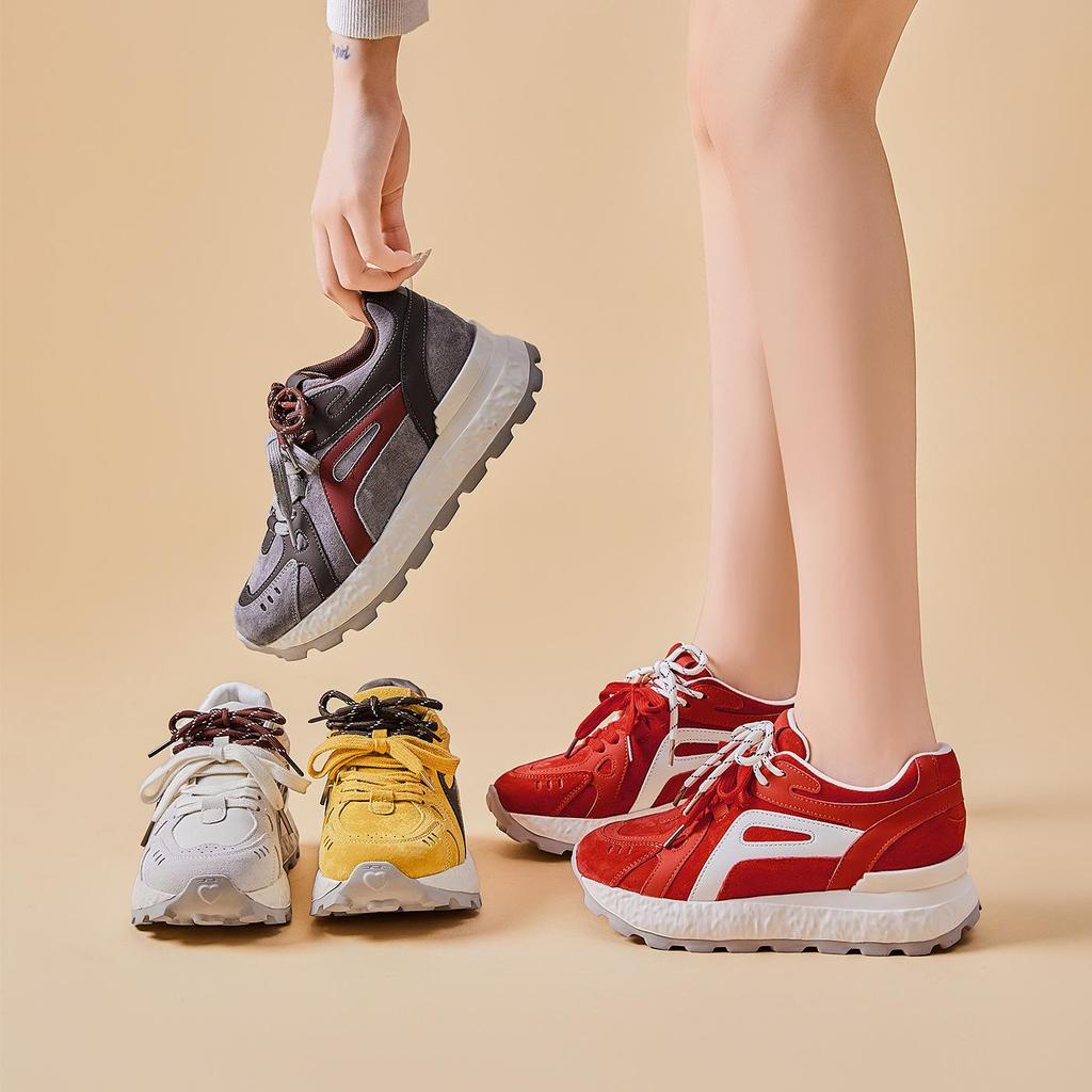 Genuine Leather 8CM Invisible Height Increasing Women's Retro Color Block Thick Sole Sports Shoes - Autumn 2025 Collection