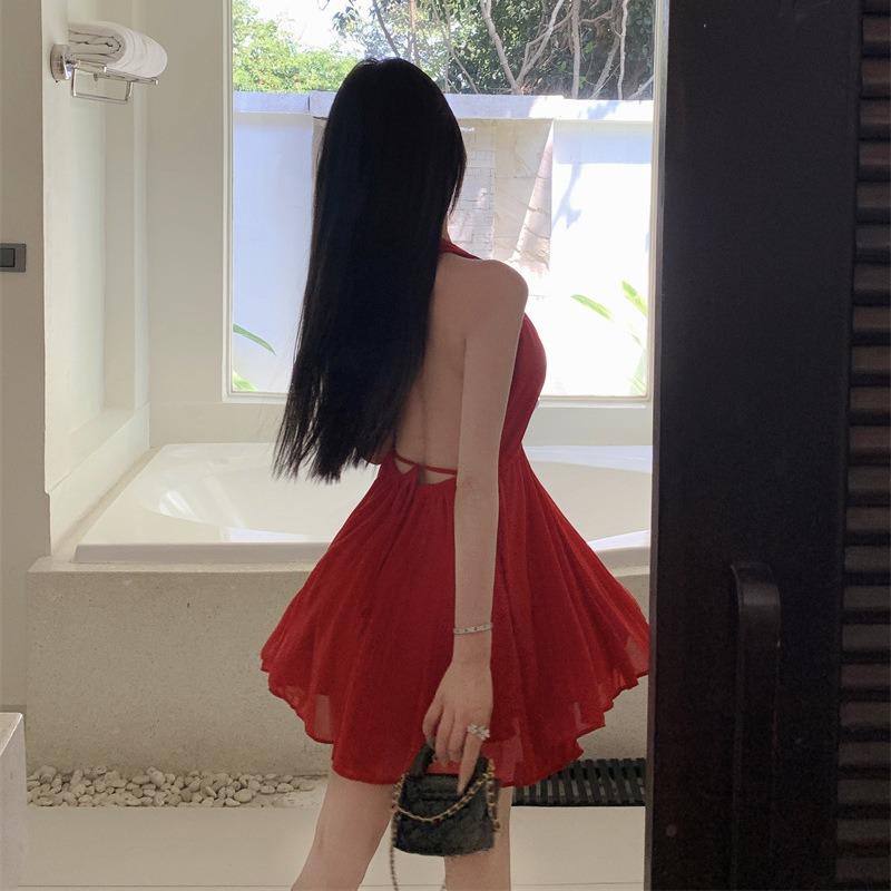 Seaside Vacation Red Halter Neck Dress Women's Summer Dopamine Temperament Beautiful Chiffon Beach Short Skirt
