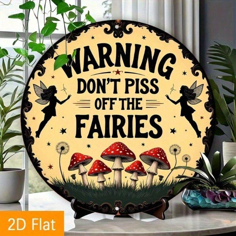 Metallposter Betreten verboten mit Feen, Rundes Blechschild 20cm für Gartendekoration