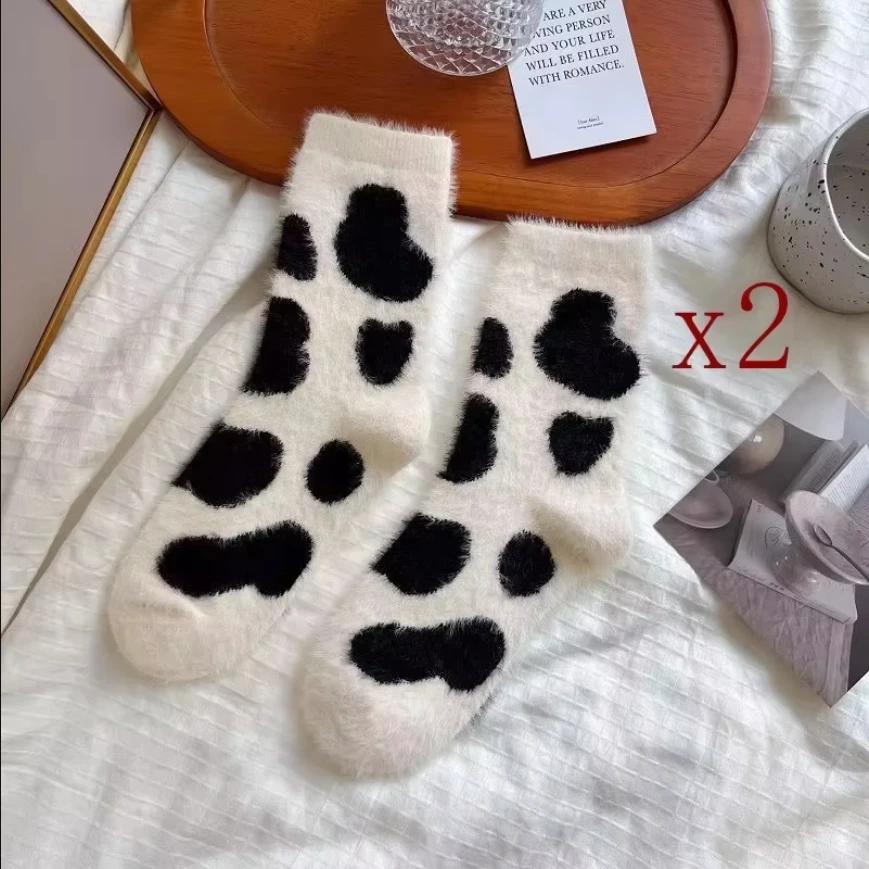 2 Pairs Cute Cow Print Socks for Winter, Warm Plush Mid-Calf Socks for Women, Soft Comfortable Casual & Home Wear, Fashionable G