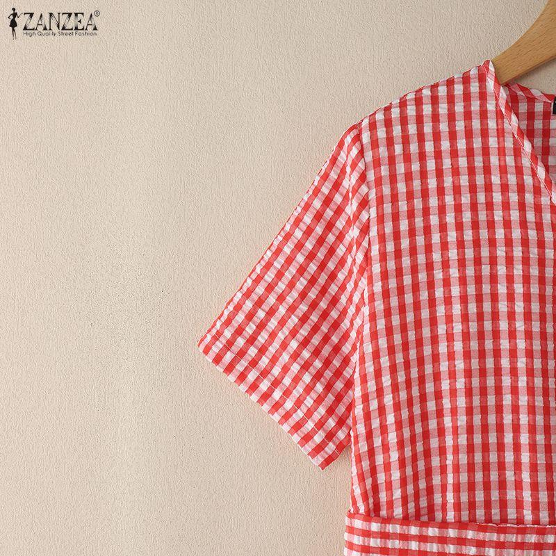 ZANZEA Women Casual V-Neck Summer Short Sleeve Plaid Print Dress