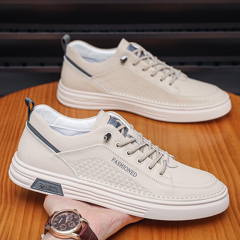 

Spring and Autumn Men s Shoes 2025 New Versatile Men s Casual Leather Shoes Autumn Breathable Sports Board Shoes Men s Little White Tide Shoes 39 бежевий