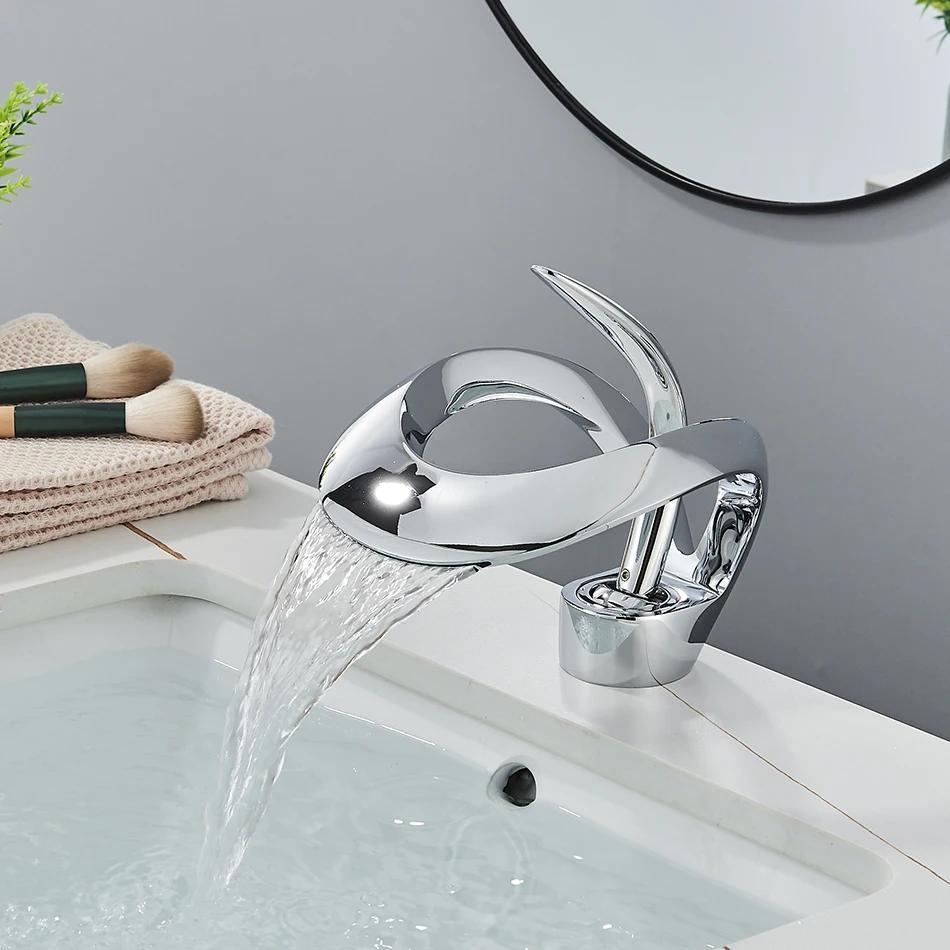 Uythner Luxury Creative Waterfall Basin Faucet Single Handle Deck Mount Basin Tap Black Brass Bath Hot Cold Water Vanity Tap