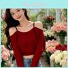 Pull en tricot style coréen à épaules dénudées pour femme avec manches bouffantes et détail papillon