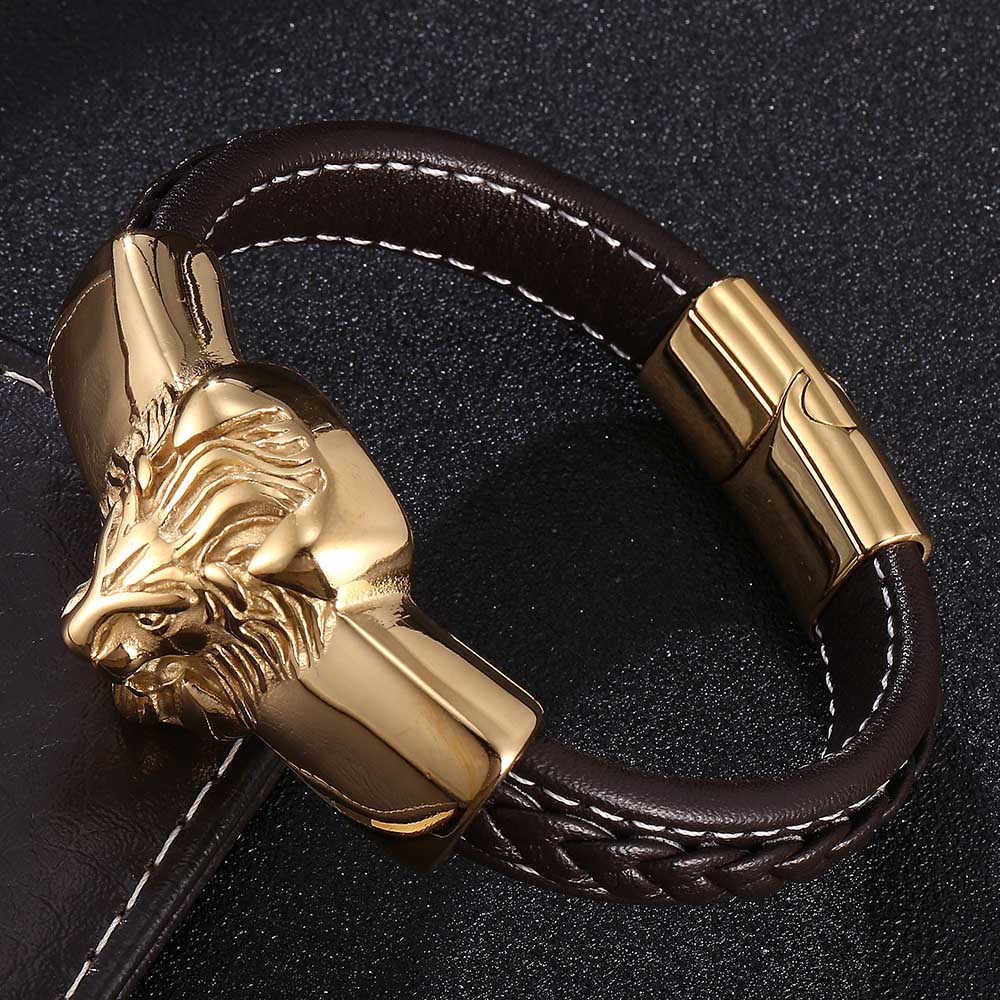 New Mens Bracelets Leo Lion Stainless Steel Clasp Black Leather Bracelet Cuff Wristband Fashion Jewelry