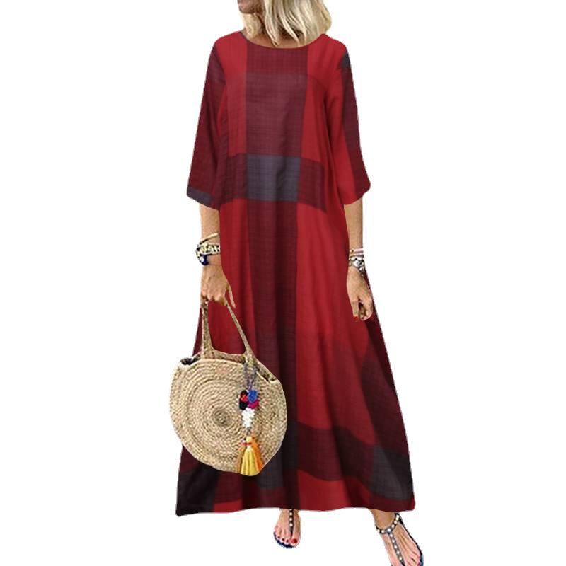 Summer 2022 Women's Retro Plaid Long Skirt Dress with Three-Quarter Sleeves