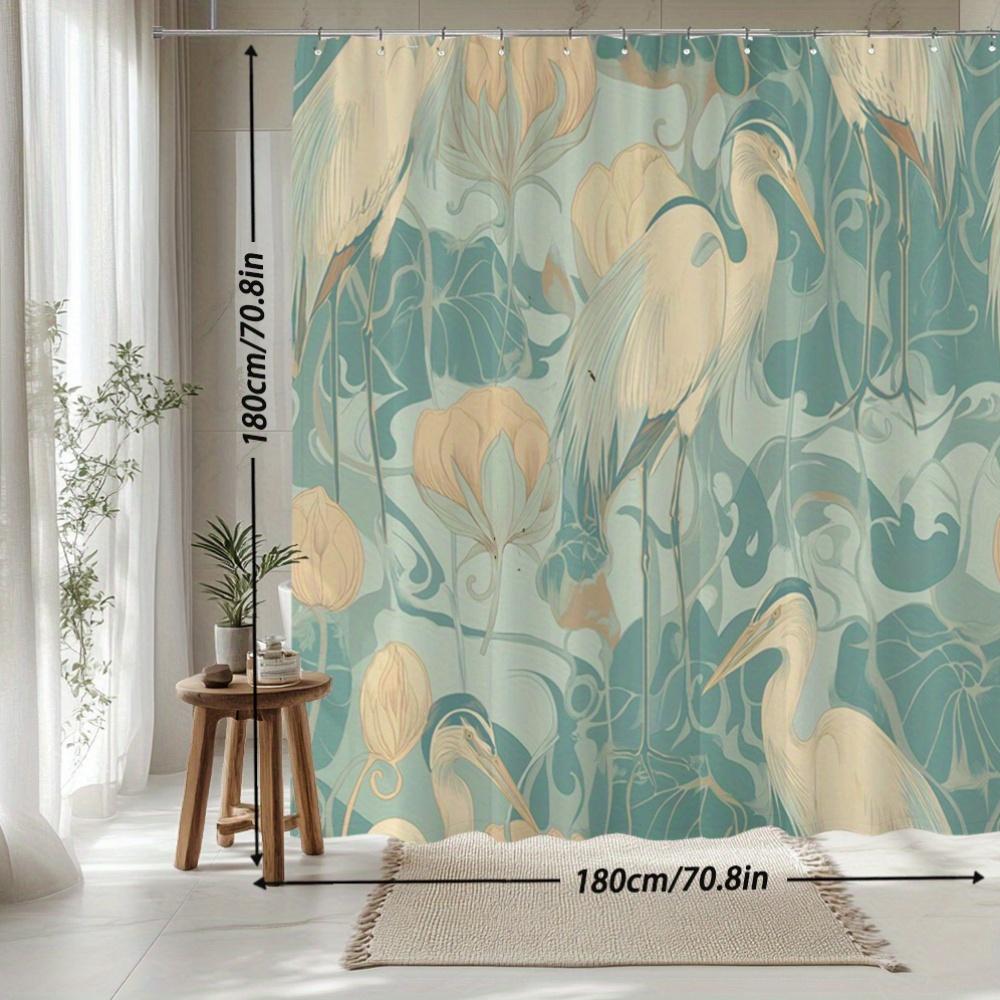 Tenda da Doccia Airone & Loto – Stampa Art Nouveau con Sfondo Azzurro Tenue, 3 Uccelli Stilizzati & Motivi Floreali, 12 Ganci