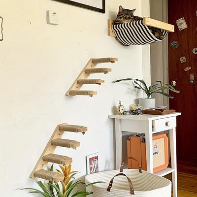 1pc Wall-mounted Wooden Cat Climbing Shelf For Indoor Cats, Cat Ladder Shelf With Sisal Rope Cat Wall Furniture