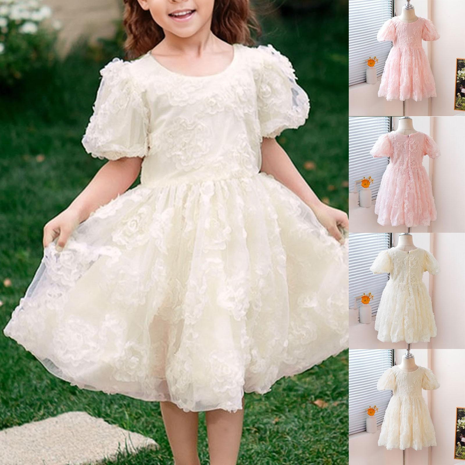 

Children s Short-sleeved Dress Princess 3D Flower Dress 100 бежевый