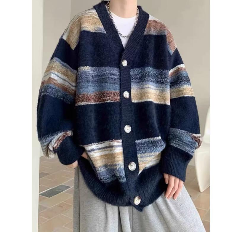 Men's Striped Knit Cardigan: Soft, Casual Autumn/Winter Outerwear, Versatile & Cozy, Unisex Style.