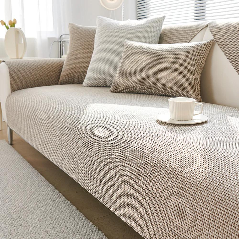 New Chenille Couch Cover Solid Color Four Seasons Sectional Couch Covers Washable Anti-Slip Slipcover Coarse Cloth Sofa Cushion