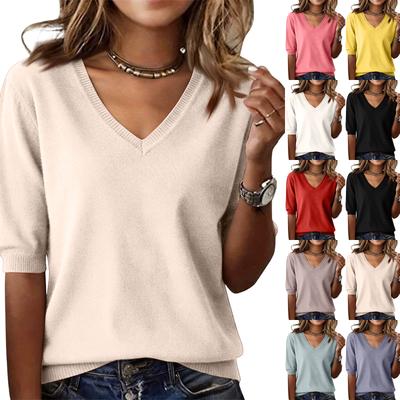 Moda feminina malha com decote em V suéter solto camisa camiseta