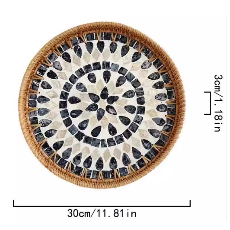 Hand Woven Mosaic Tray Decorative Round Rattan Serving With Mother Of Pearl Inlay For Snacks Dried Fruit Plate Home Ornamen 917