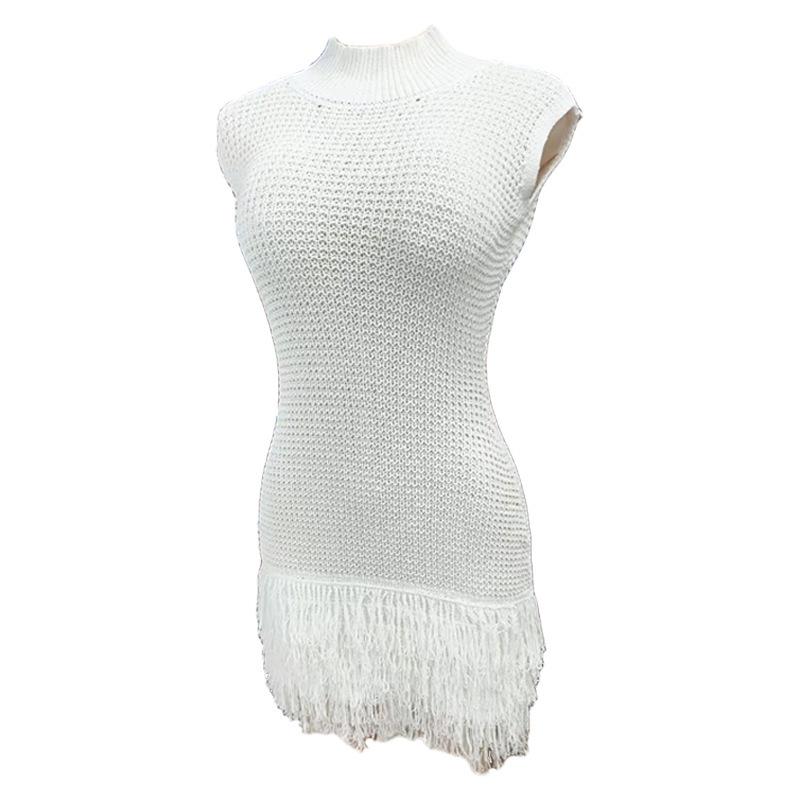 Summer European & American Knitted Dress: Sexy Sleeveless Tassel Short Skirt, Hollow-Out Patchwork, Slim-Fit Design