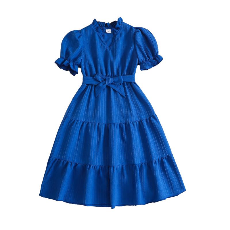 Girl's Dress Summer Dress New 8-12Y Children V-neck Bubble Sleeve Princess Dress Lace-up Dresses