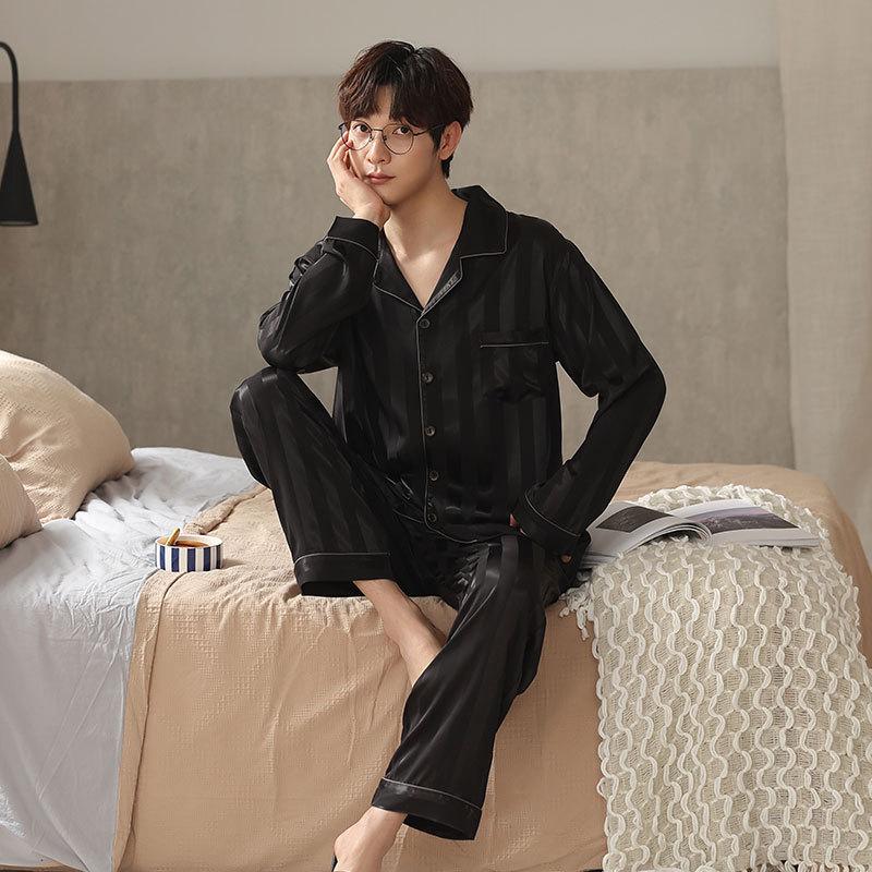 Striped Couple Pajamas Women'S Spring And Autumn Ice Silk Long-Sleeved High-End Silk Men'S Loungewear Suit