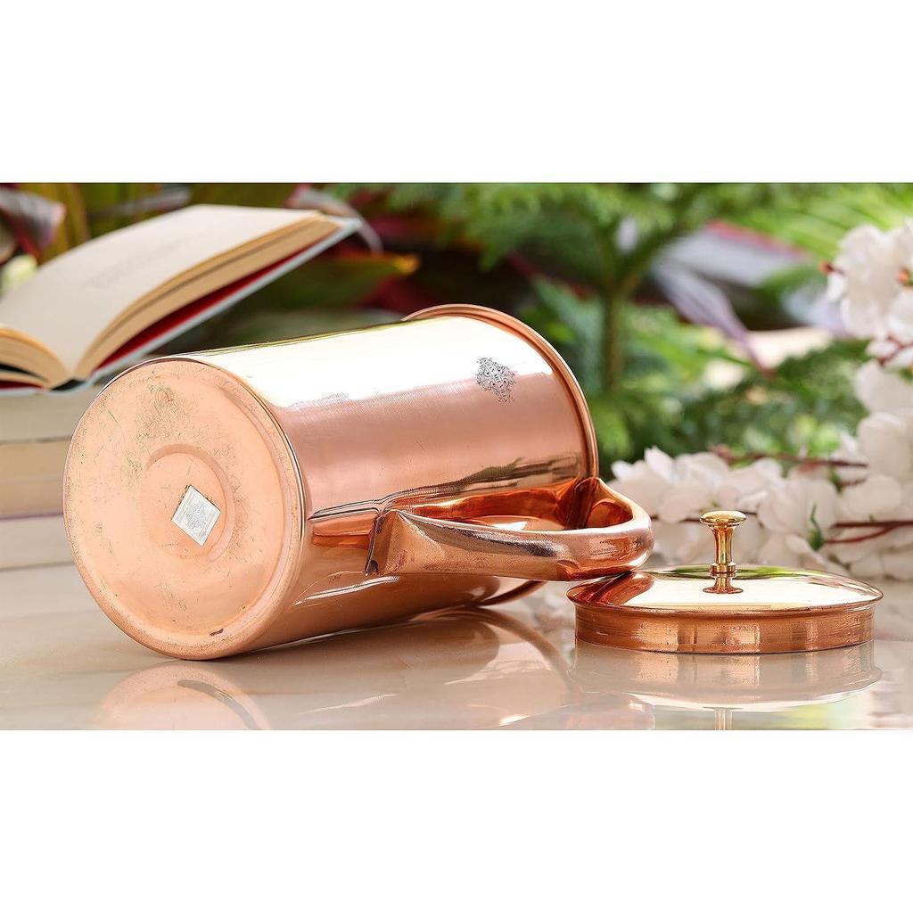 Plain Shine Design Copper Jug Pitcher with Brass Knob, Storage & Serving Water, Yoga Ayurveda Healing, Volume- 2000 ML