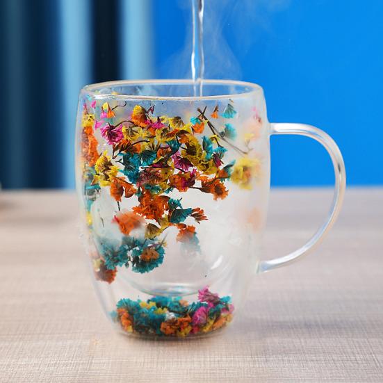 Double-Wall Glass Mug 350ml Heat-Resistant Flower Coffee Tea Cup Insulated Cup for Hot Cold