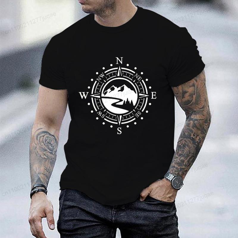 Retro Compass Print Versatile T-Shirt Fashionable Comfortable Breathable Soft Casual Sports Short Sleeve Cotton T-shirt