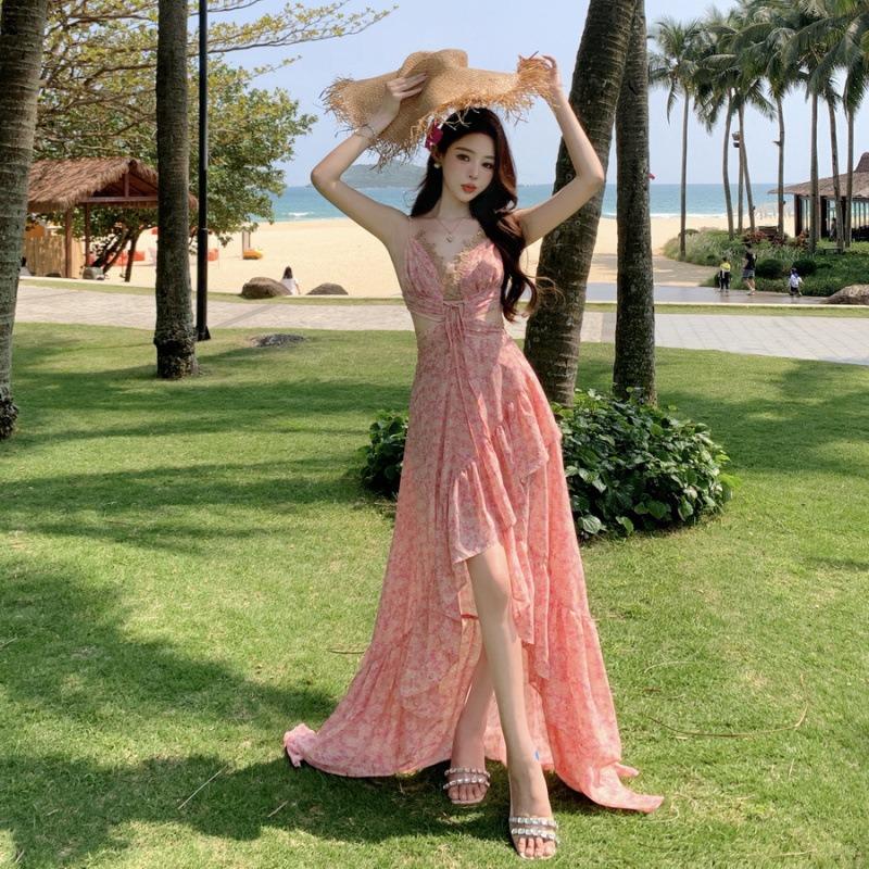 Super Fairy Temperament Pink Floral Suspender Dress Women's Spring New Chiffon Splicing Dress Vacation Skirt