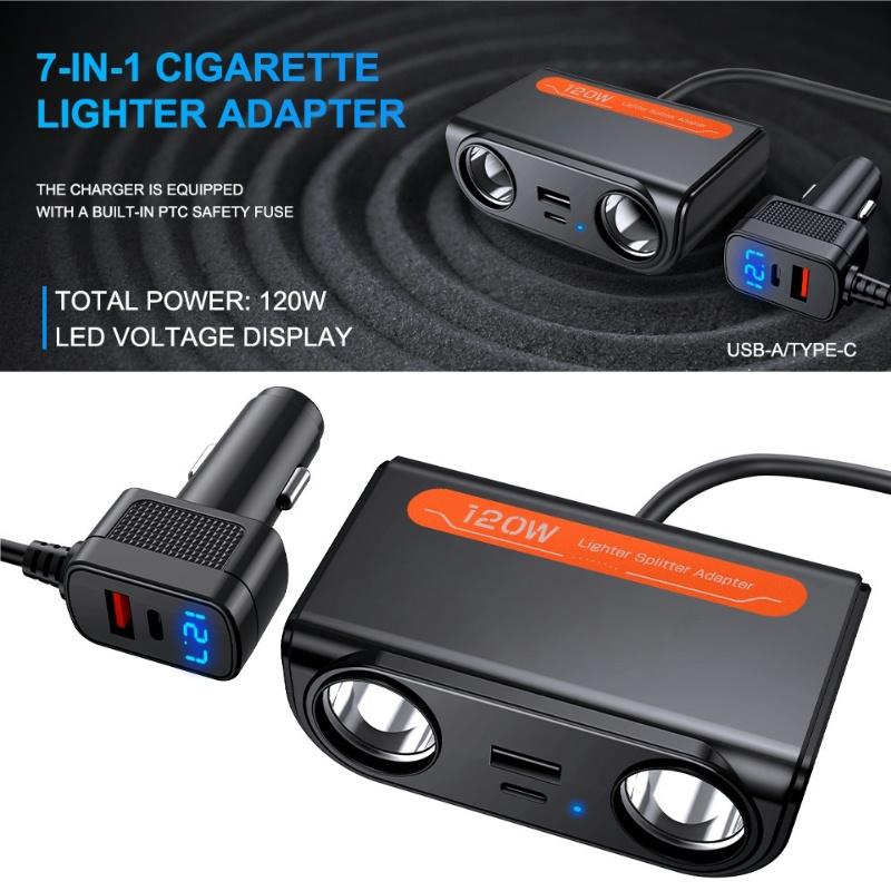 Adaptador Cargador de Coche 7 EN 1 120W PD USB Toma Encendedor Divisor Carga Rápida Con Voltímetro LED Salida CC Accesorios para Automóvil