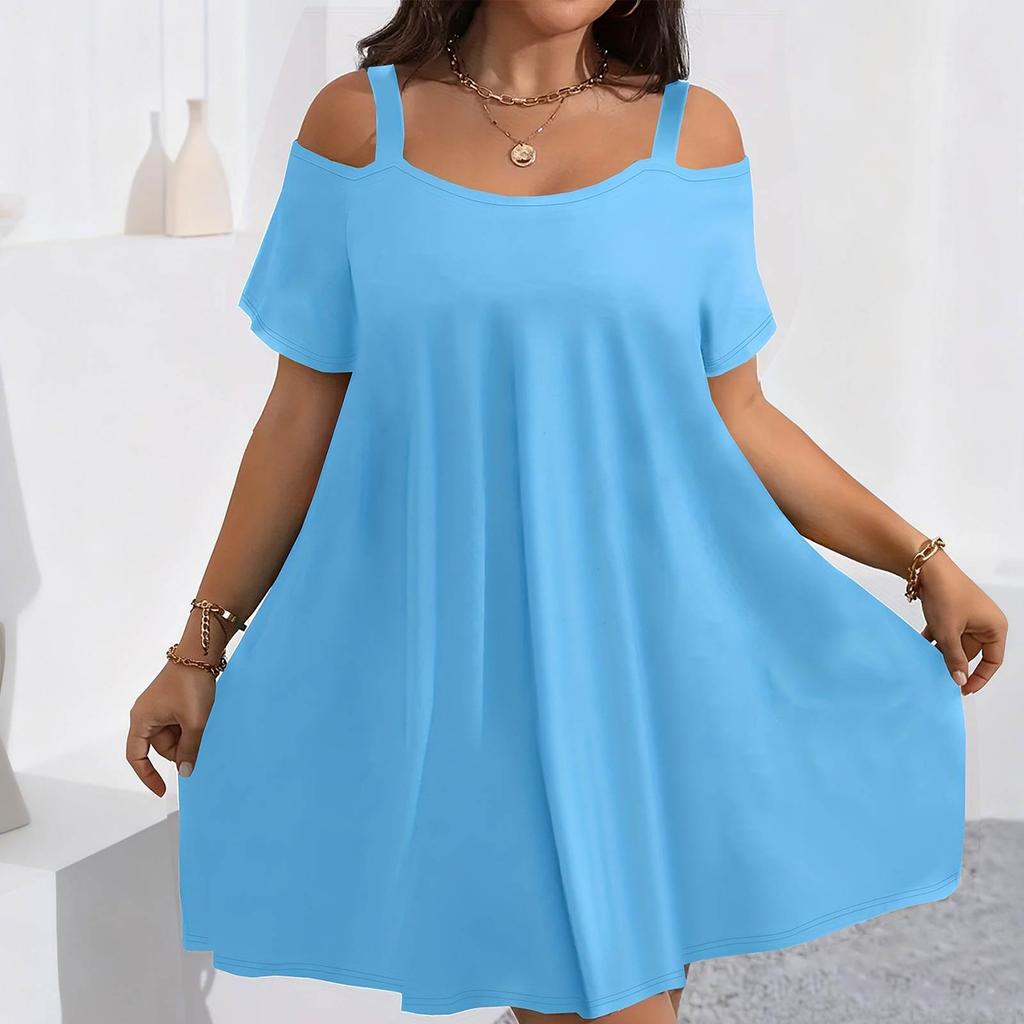 Women's Summer Fashion -Color Off-the-Shoulder Short-Sleeve Plus-Size Dress