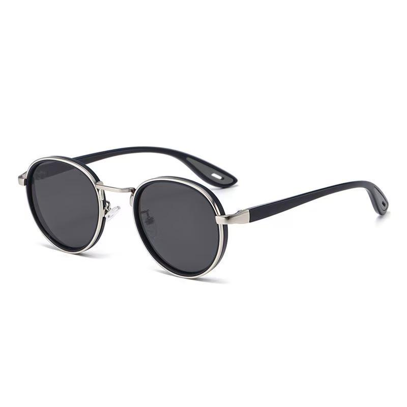 Unisex Retro Round Metal Sunglasses with Photochromic Anti-Blue Light Lenses