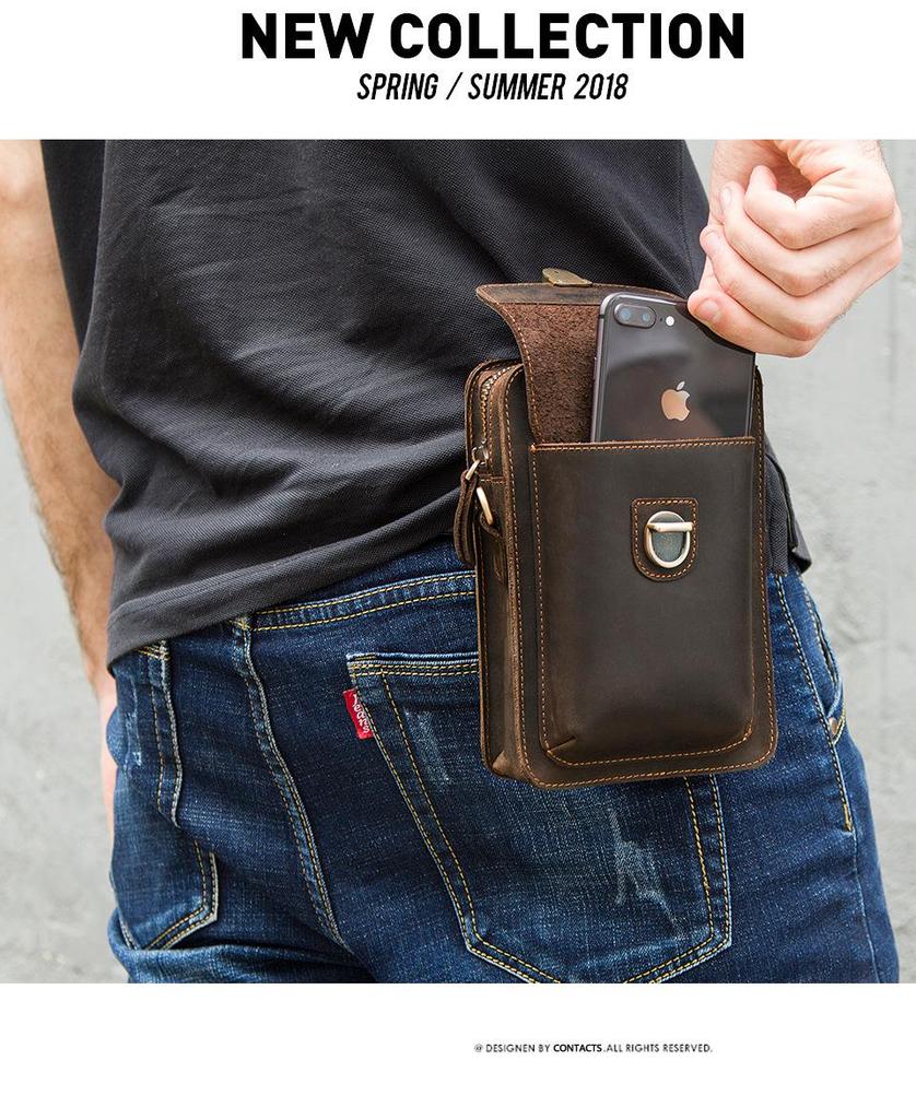 Men's Retro Crazy Horse Leather Crossbody Phone Waist Bag