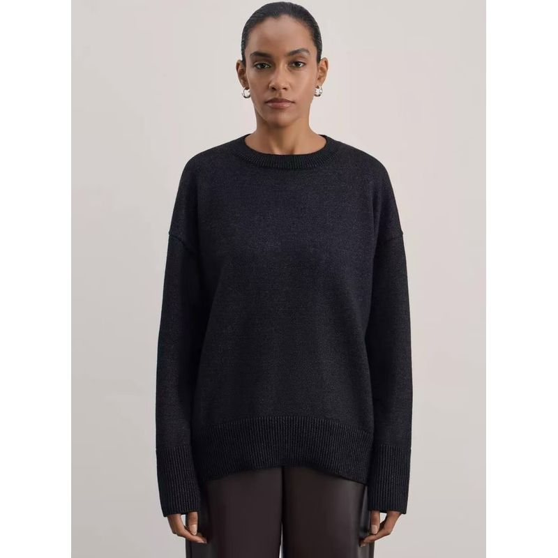 

Fashion New Arrival Fashion Pure Color Crew Neck Long Sleeves Knitting Sweater Loose All-Matching Top Knitted Sweater Black XL