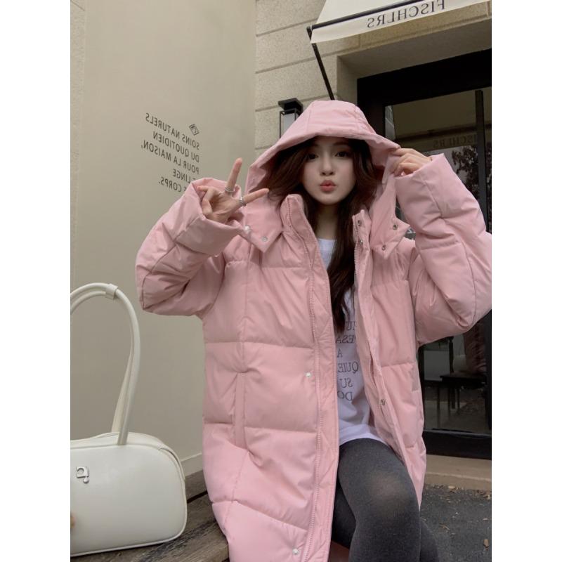 

Длинный пуховик женский пуховый хлопковый утолщенный теплый с капюшоном зимнее пальто белый черный XL розовый