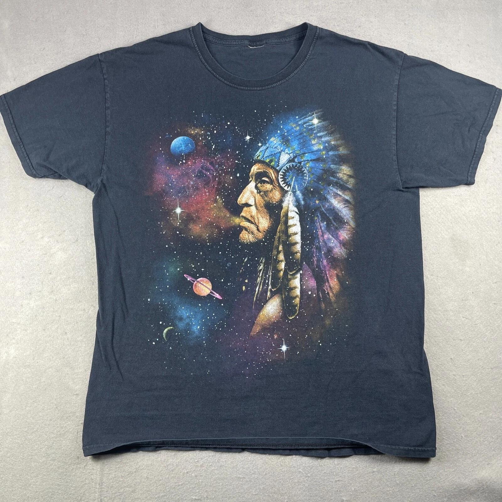Vintage Native American Chief Galaxy Planet Stars Graphic Black T-Shirt Large M