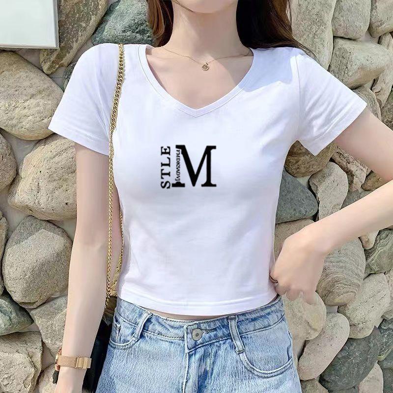 

Топ с коротким рукавом, V-образным вырезом, облегающий, с завышенной талией, укороченный, базовая футболка из чистого хлопка White [Big M]] M(Within the recommended 50.00kg])