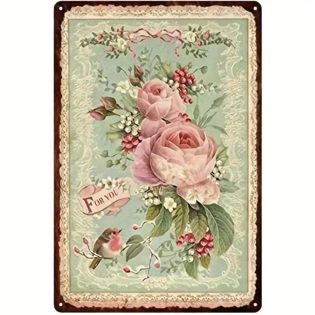 Vintage Rose Flower Metal Tin Sign - Pastoral Artistic Wall Decor with Pink Roses & Green Leaves, 8x12 Inches, Perfect for Home