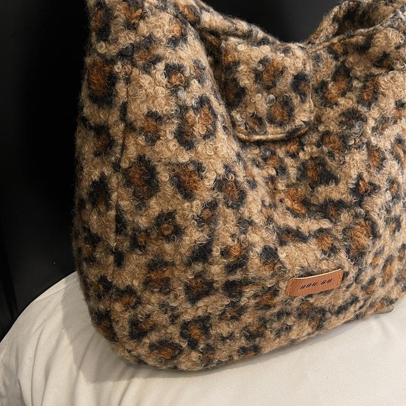 Leopard Print Fur Bag Women's Shoulder Crossbody Bag Vintage Tote Bag