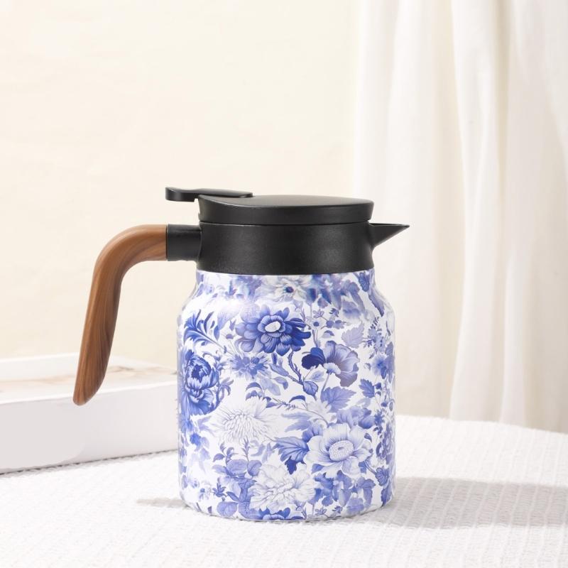 1000ml Retro Floral Nonrust Steel Teas Kettles With Wooden Handle And Filter For Hot Beverages