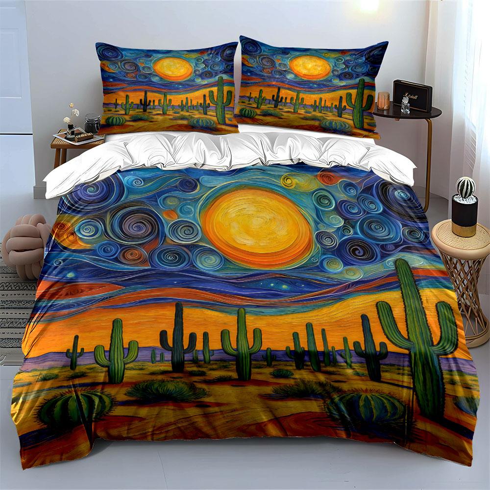 Cactus, swirling sky, sun. Bedding sets Duvet cover sets Duvet covers Pillowcases(1 * Duvet Cover 2 * Pillowcases without duvet insert)