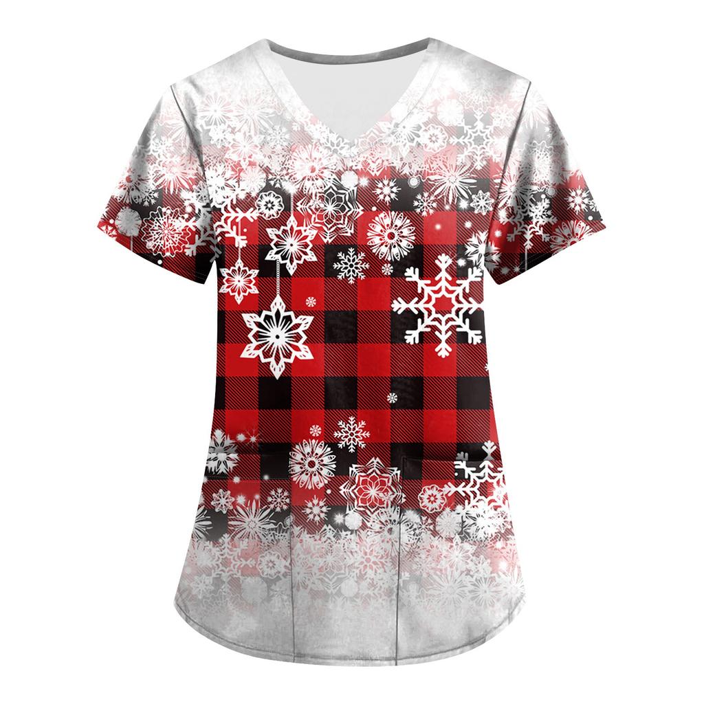 Plus SizePrinted Scrub Working Uniform Tops For Women's Cross V-Neck Print Short Sleeve Fun T-Shirts Workwear Tee With Pockets