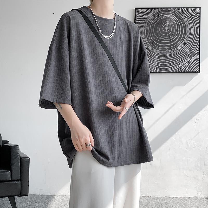 Men's Ice Silk Drape T-Shirt, Short Sleeve, Solid Color, Summer 2023 Trend, Plus Size, Three-Quarter Length.