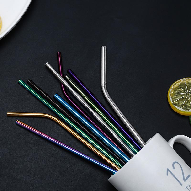 6*215mm 10 Colors Eco-friendly Reusable Metal Straws Set 304 Stainless Steel Drinking Straw Cocktail Party Favor Bar Accessory
