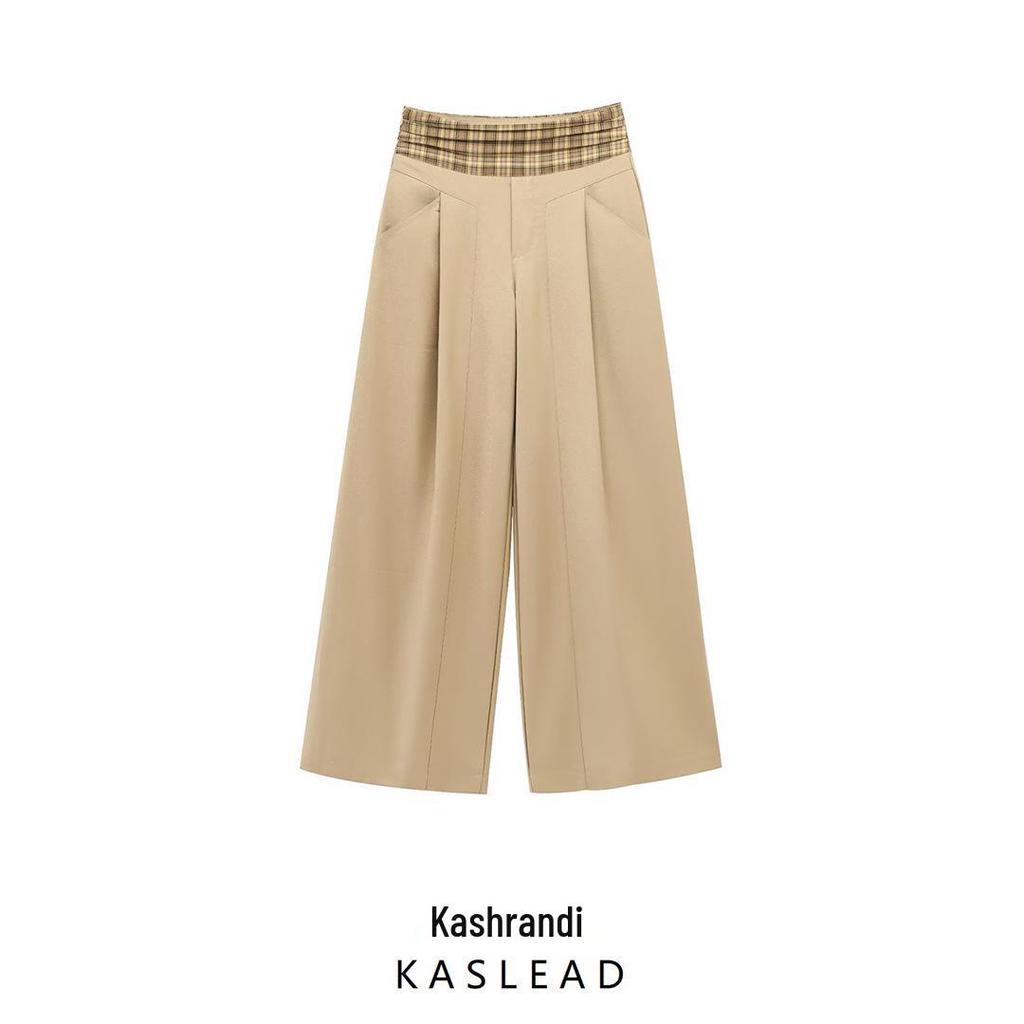 2025 Spring Women's Retro Plaid Patchwork Wide-Leg Pants