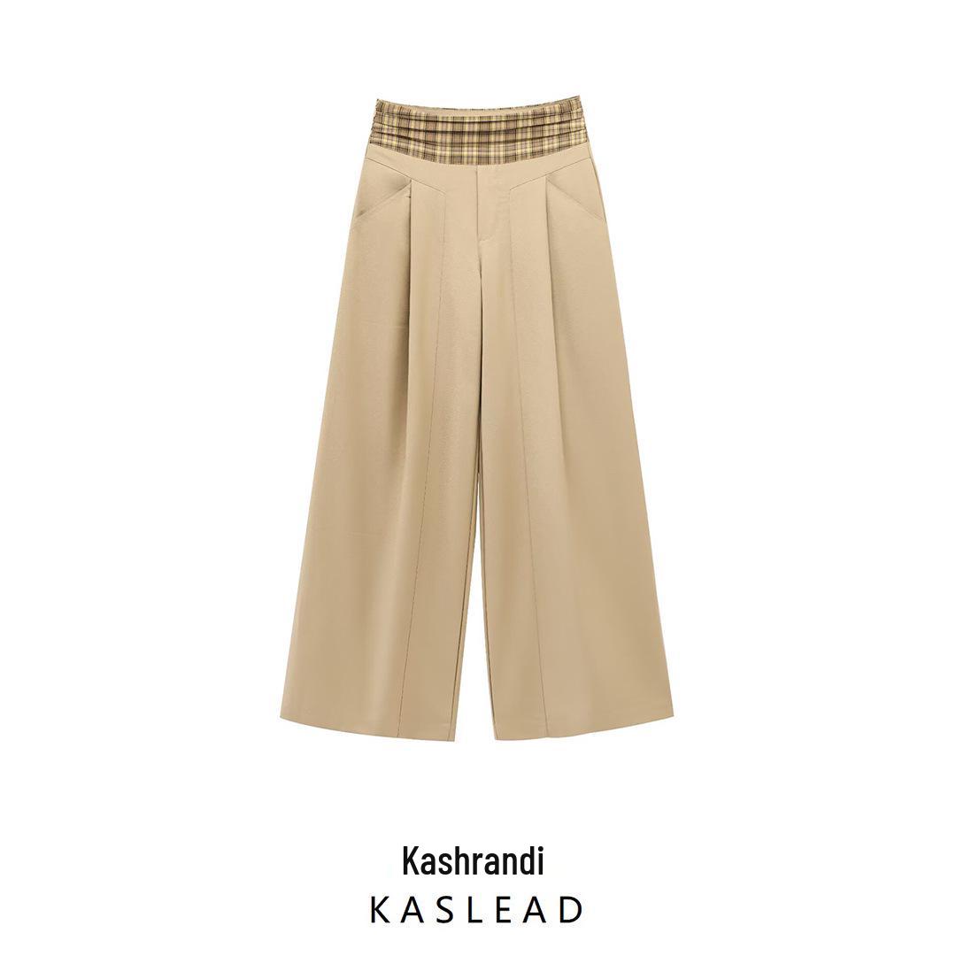

2025 Spring Women s Retro Plaid Patchwork Wide-Leg Pants XS