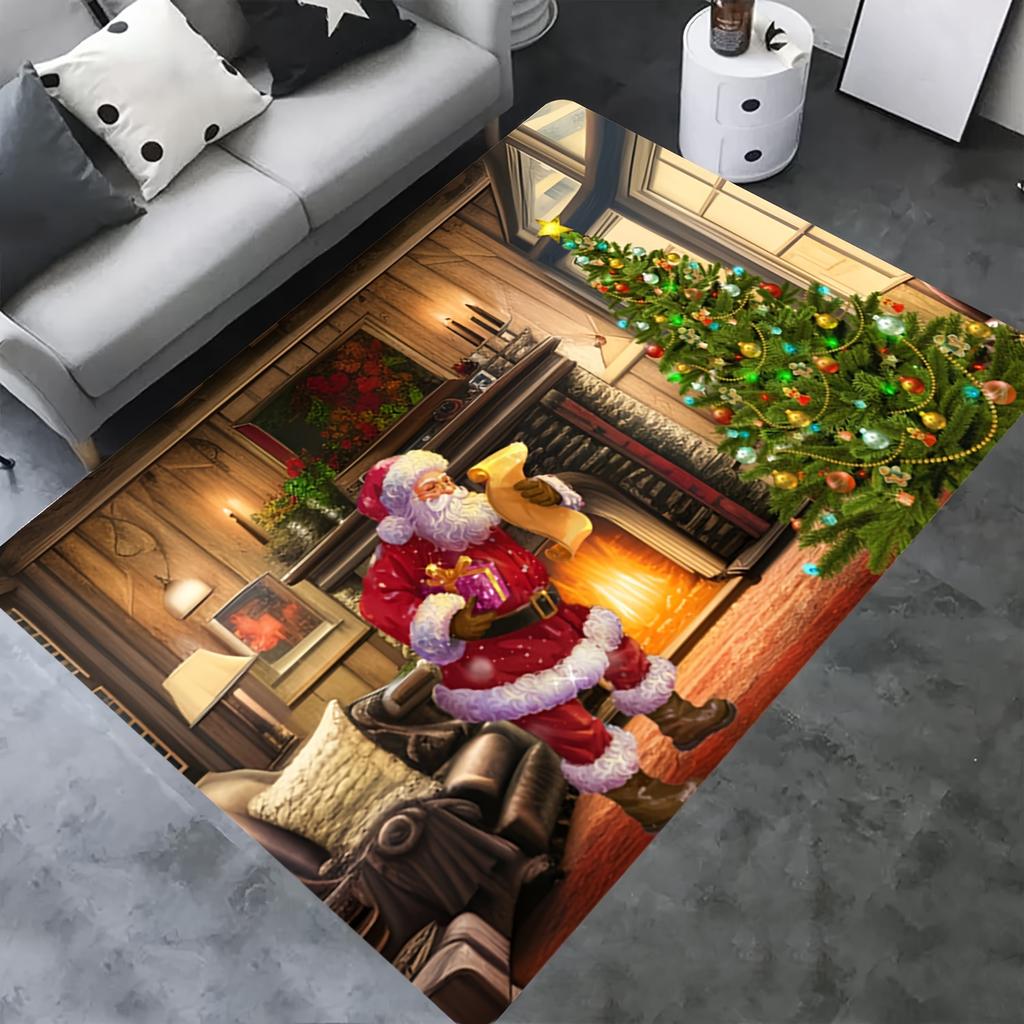 3D Santa Claus Doormat, Christmas Fireplace Scene Entrance Rug, Festive Holiday Floor Mat, Non-Slip Home Decor for Living Room
