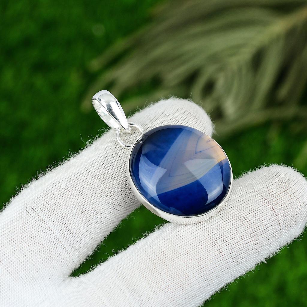 Blue Botswana Agate Gemstone 925 Sterling Silver Bezel Mother Birthday Pendant