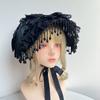 Gothic Handmade Lace Bonnet With Black Bowknot and Fringed Trim Design Adjustable Tie Headpiece For Women Cosplay Event
