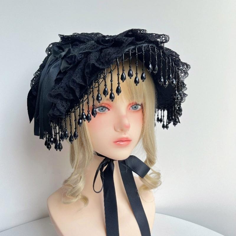 Gothic Handmade Lace Bonnet With Black Bowknot and Fringed Trim Design Adjustable Tie Headpiece For Women Cosplay Event