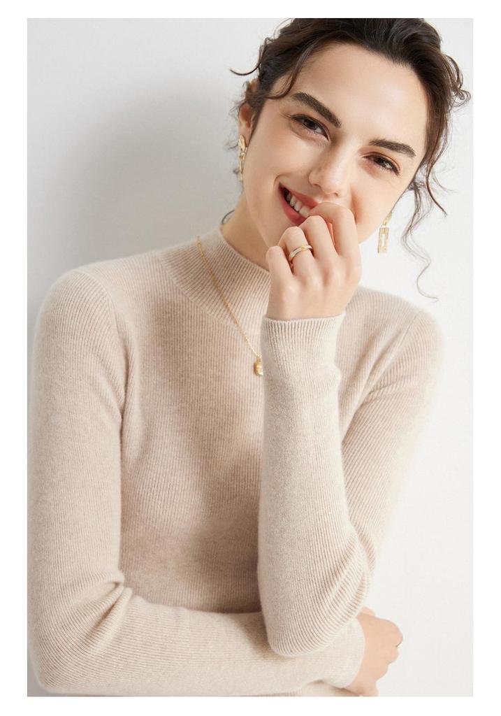 Women's 100% Pure Cashmere Ribbed Slim Fit Half-High Neck Sweater - Long Sleeve Gentle Style Base Layer