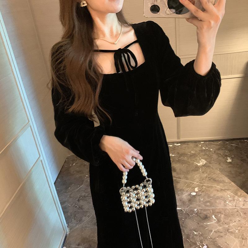 Japanese Style, Velvet Skirt, Retro Square Collar Dress, Spring and Autumn Thin Temperament, Famous Big Lady Long Dress