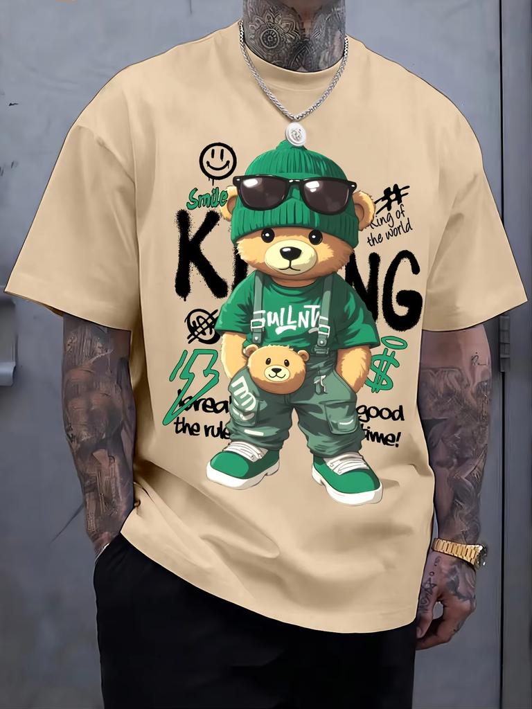 Cotton Short Sleeved Tshirt for Unisex Trend Loose American Print Casual Versatile Couples Top Cartoon Bear Pattern Casual Soft