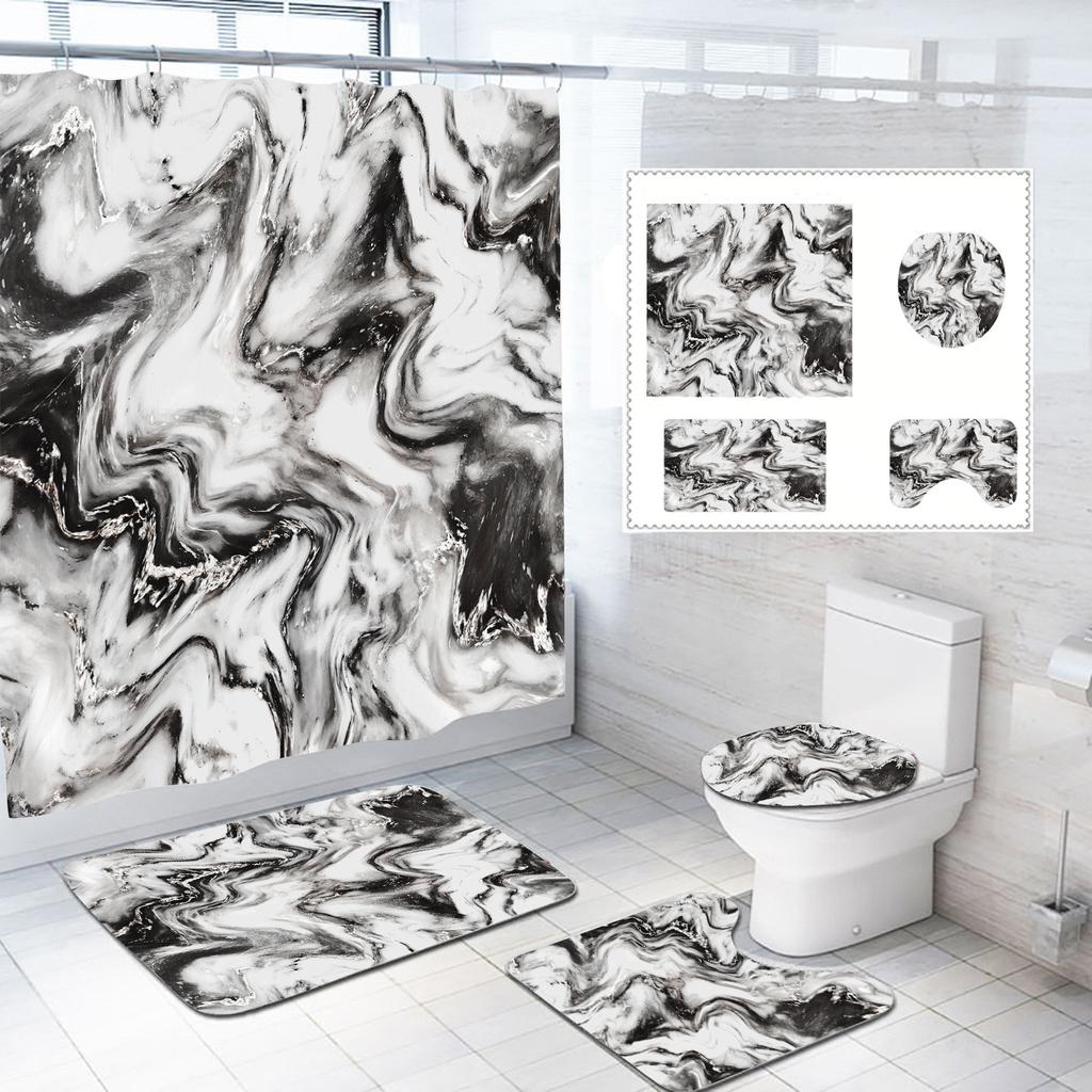 Bathroom Shower Curtain Floor Mat Four-Piece Set, Marble Style, Partition Curtain Floor Mat Three-Piece Set
